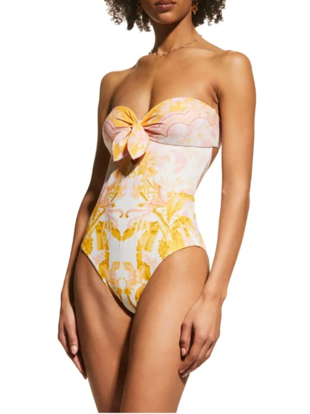 Zimmermann Lyre Keyhole Tie Front One Piece Swimsuit Yellow Palm NWT US 12
